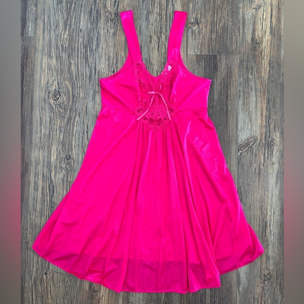 Vtg Claudia Phillips Hot Pink Slip Dress Nightgown Lg Babydoll Lace Cutouts Bow